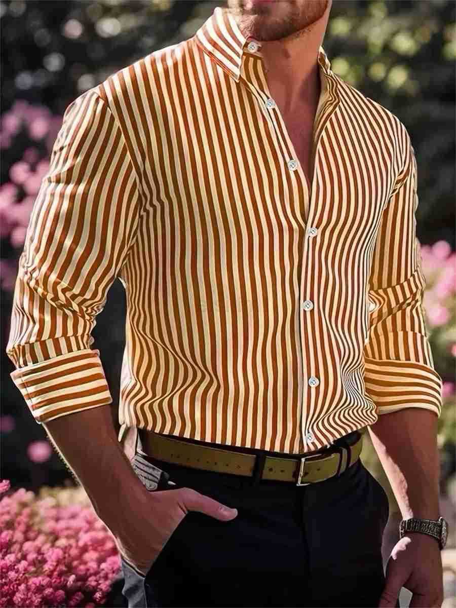 Mens Large Size 6XL Lapel Button Dress Shirt Striped Shirt Wedding Black White Red Business Long Sleeve Comfortable Fabric Z250909