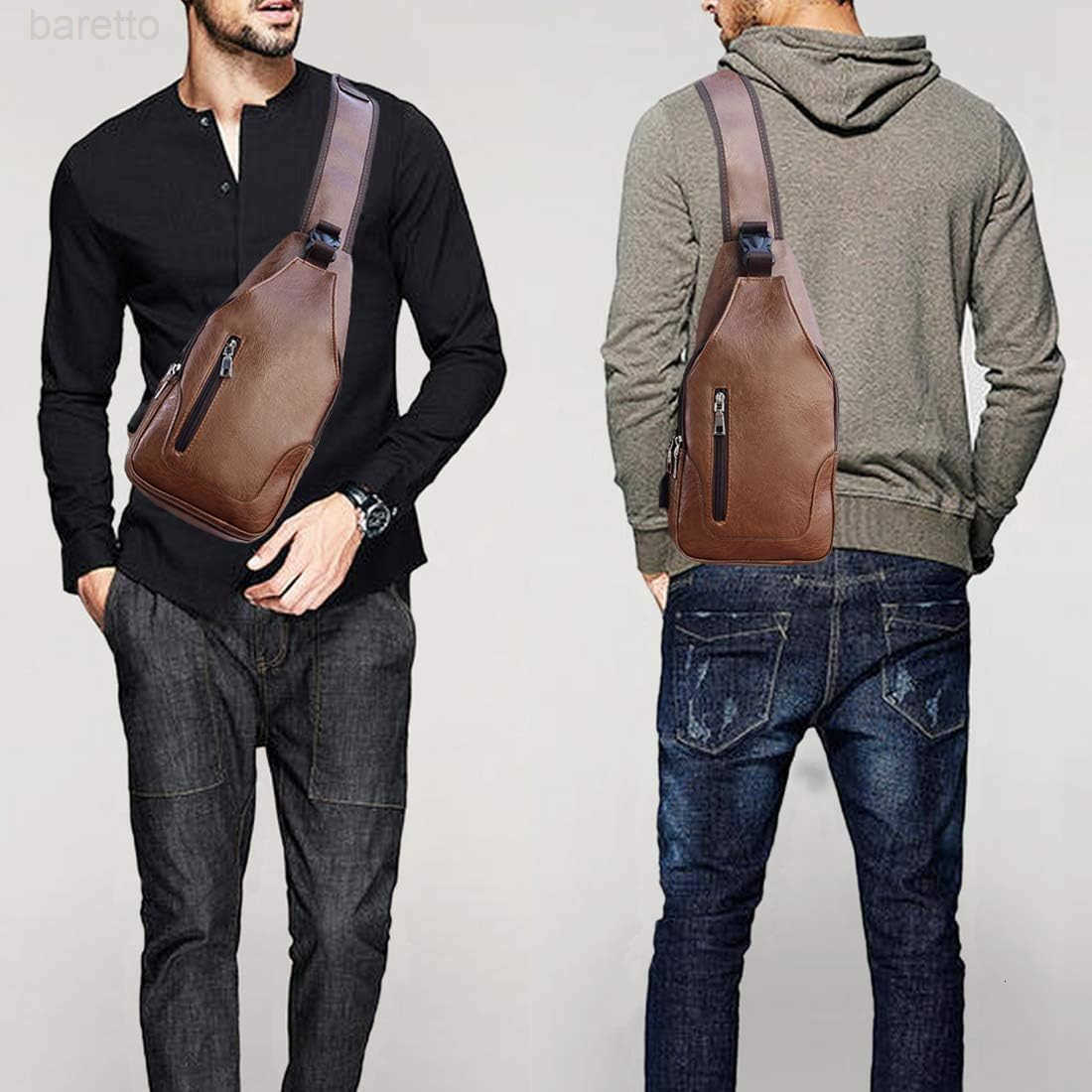 Rop Men Sling Bag Anti Theft Shoulder Bag Small Leather Crossbody Sling Backpack with USB Charge Port Brown Z250909