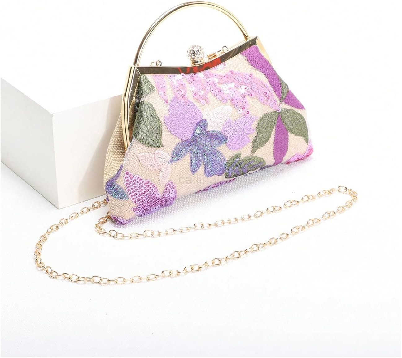 Womens Vintage Floral Sequin Evening Bag Top Handle Crossbody Handbags with Chain Strap Z25909