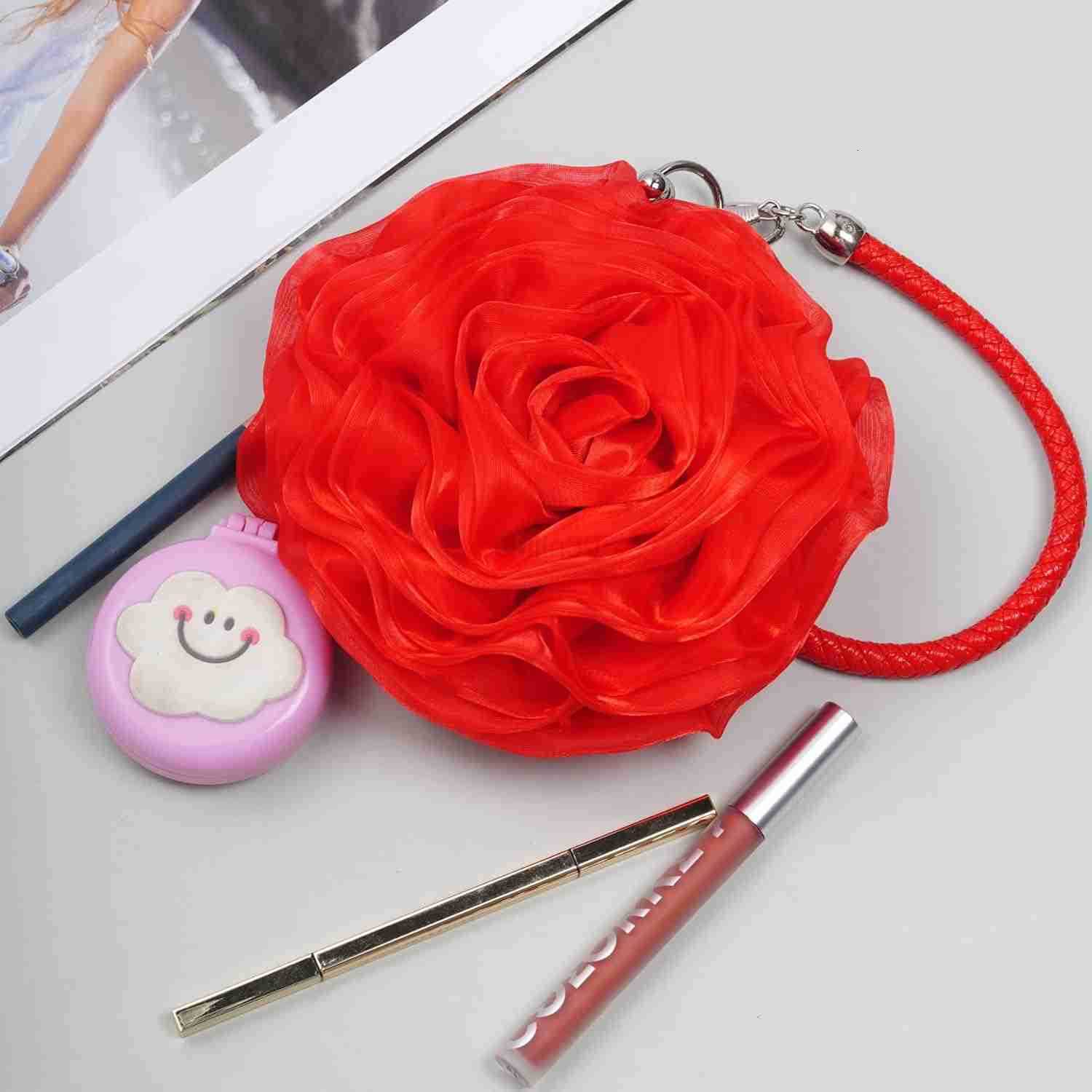 Rose Clutch Satin Rose Shaped Clutch Handbag Floral Evening Bag Red for Wedding Party Christmas Mothers Day Gift Z25909