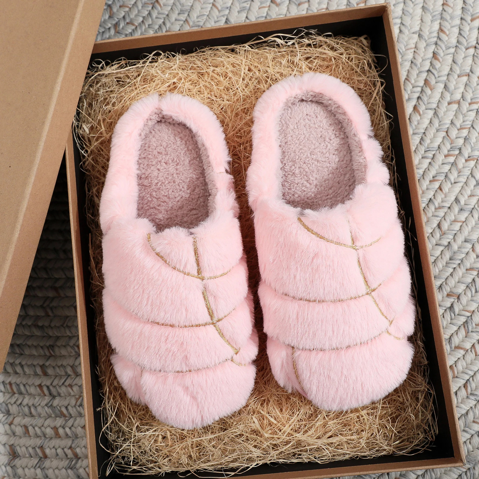 Mexican Gourmet Bread Concha Slippers for Winter Home Cute Pattern Fur NonSlip Thick Sole Lightweight Plush Men and Women Can Wear Shoes 250909