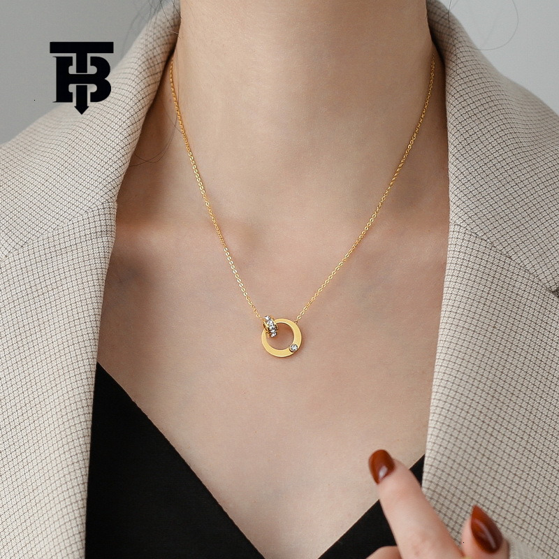 TB BHULAMTE Free Shipping Brand New Designer Accessories Non Fading Double Ring Cylindrical Pendant Necklace Women's Personalized Collarbone Chai