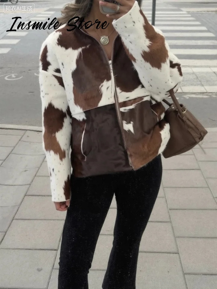 Chic Cow Pattern Zipper Short Jacket Women Lapel Full Sleeve Pockets Loose Coat Female Autumn Lady Street Outwear 250909