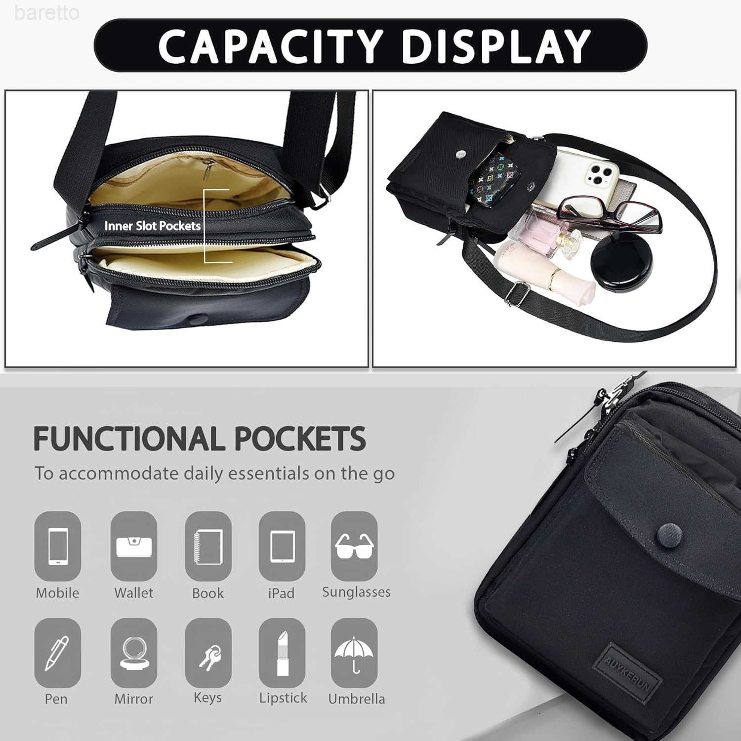 Nylon Crossbody Bags for Women with Adjustable Strap Mini Purse Shoulder Bag Traveling WorkoutBlack Z250909