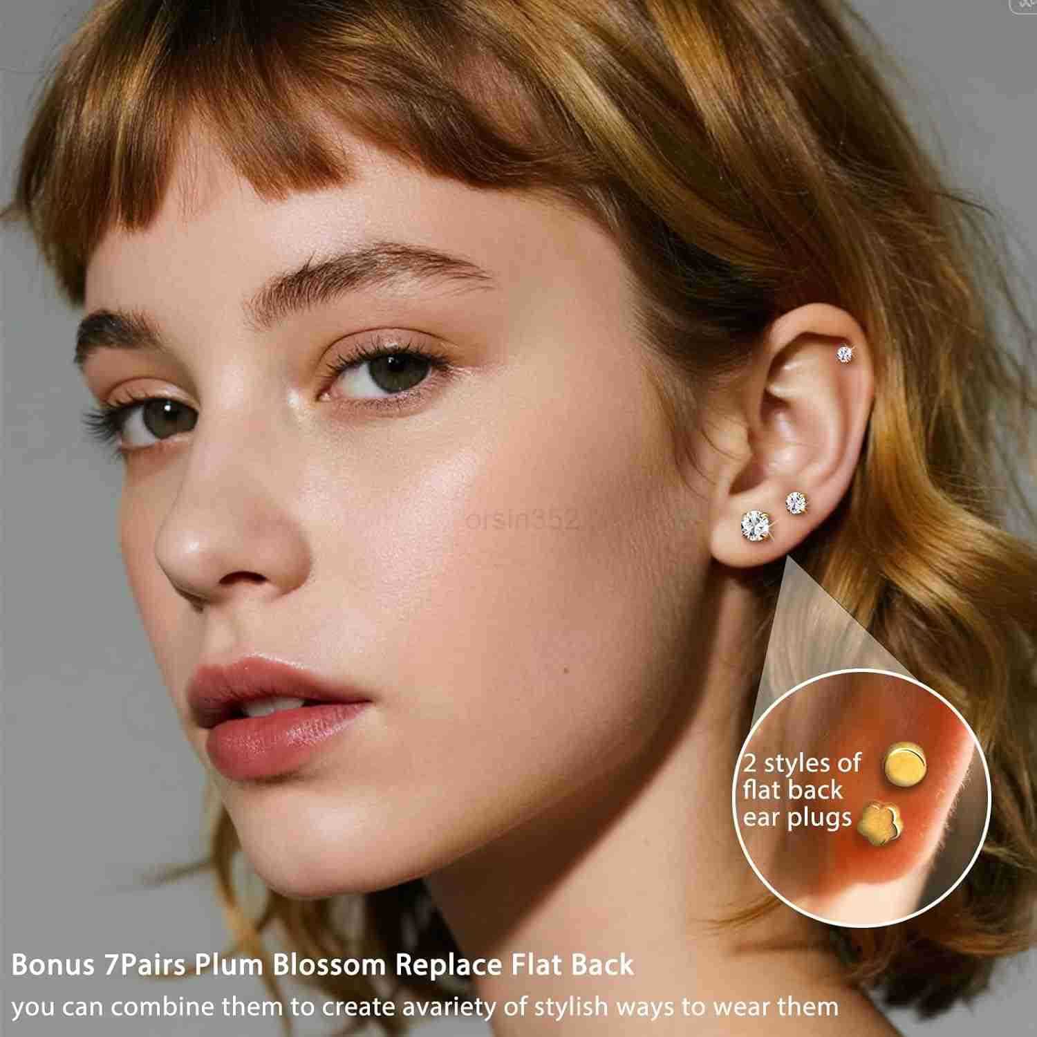 7 Pairs 20G Flat Back Stud Earrings for Women Men Hypoallergenic 14K Gold Plated Surgical Steel Stack Cartilage Earrings for Multiple Piercing Sensiti