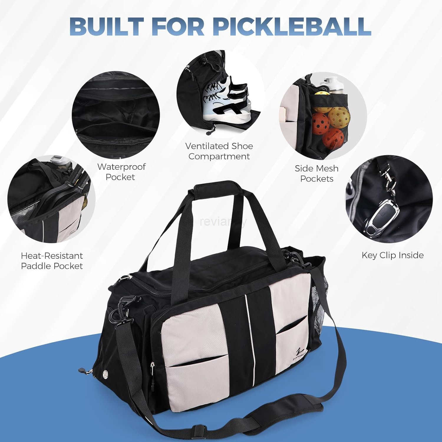 Pickleball Bag for Men Women 40L Duffle Bag with Thermal Paddle Pocket Shoe Compartment Fence Hooks Mesh Ball Holders WaterResistant Pickle Ball Bag f