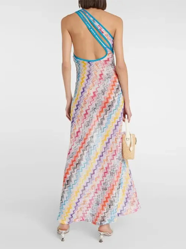 Womens Fashion Wavy Stripe Print Long Dress Sexy Oneshoulder Backless Side Split Maxi Lady Beach Vacation Vestidos 250909
