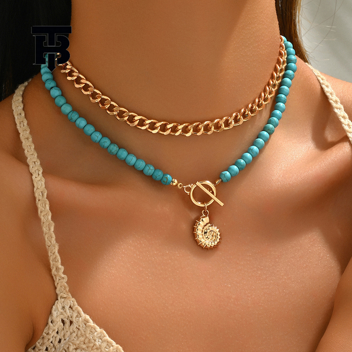 TB BHULAMTE Free Shipping New Designer With Fashionable Jewelry Beads Turquoise Conch Pendant Necklace Womens Ocean Style Collarbone Chain Necklace