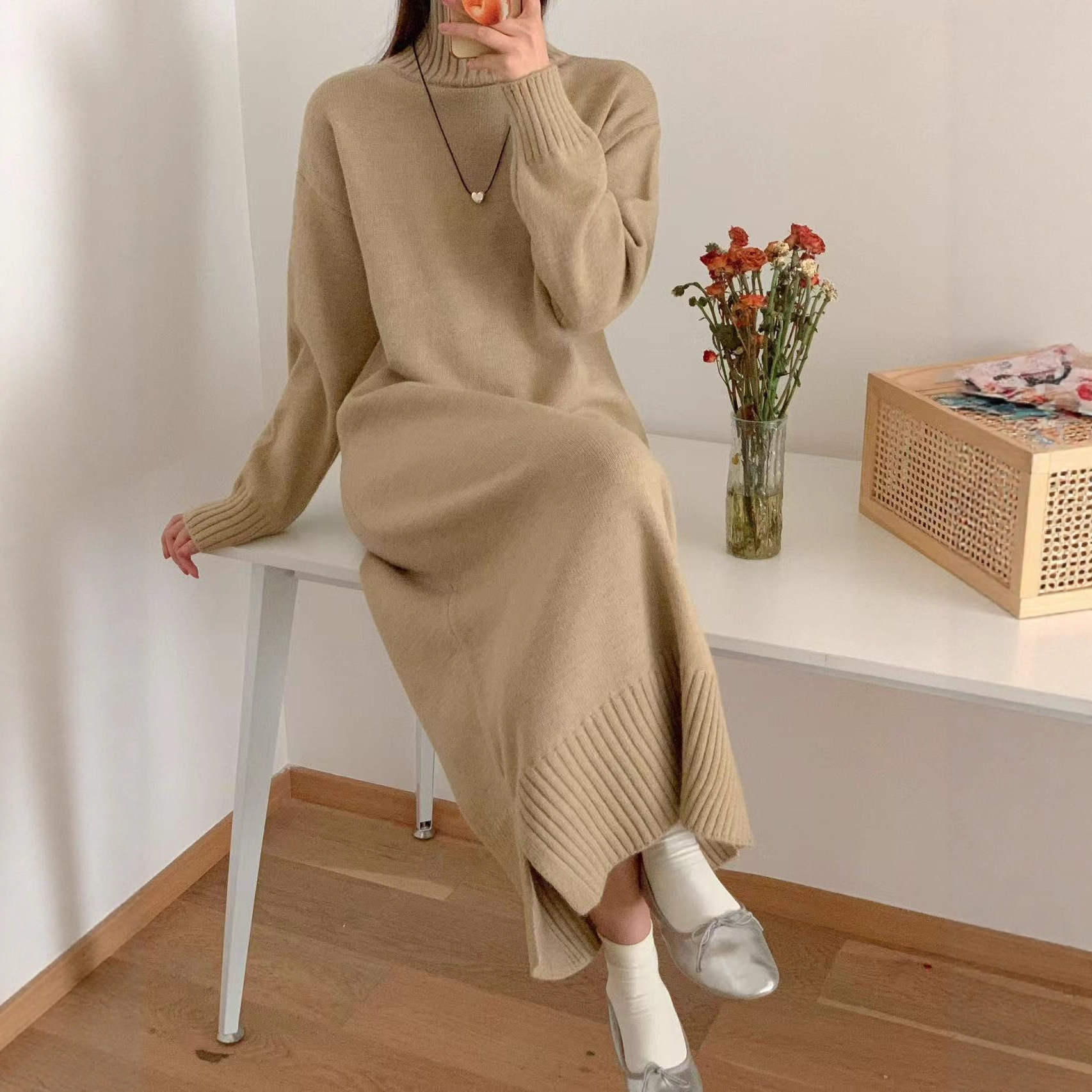 K93New half-high collar side slit loose lazy style long sleeve thick solid color knitted long skirt for women