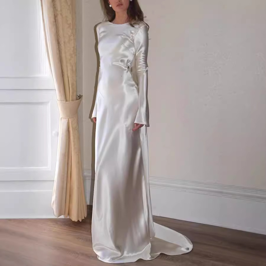 Womens Sexy Dress Slim Fit Backless Solid Color Round Neck Long Dress Mermaid 8086 240820