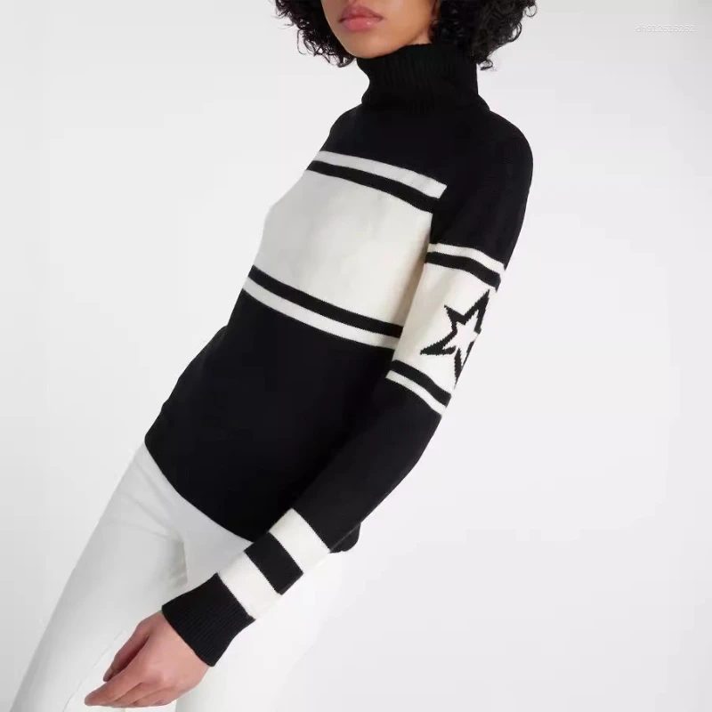 Designer Women's Knits Knitted High Neck Warm Sweater With A Design Sense Of Autumn And Winter Color Blocking Versatile Cotton Ins Style Pullover