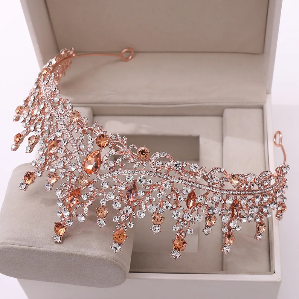 Baroque Retro Rose Gold Color Crystal Bridal Tiaras Crown Rhinestone Pageant Prom Diadem Bride Headband Wedding Hair Accessories 250909