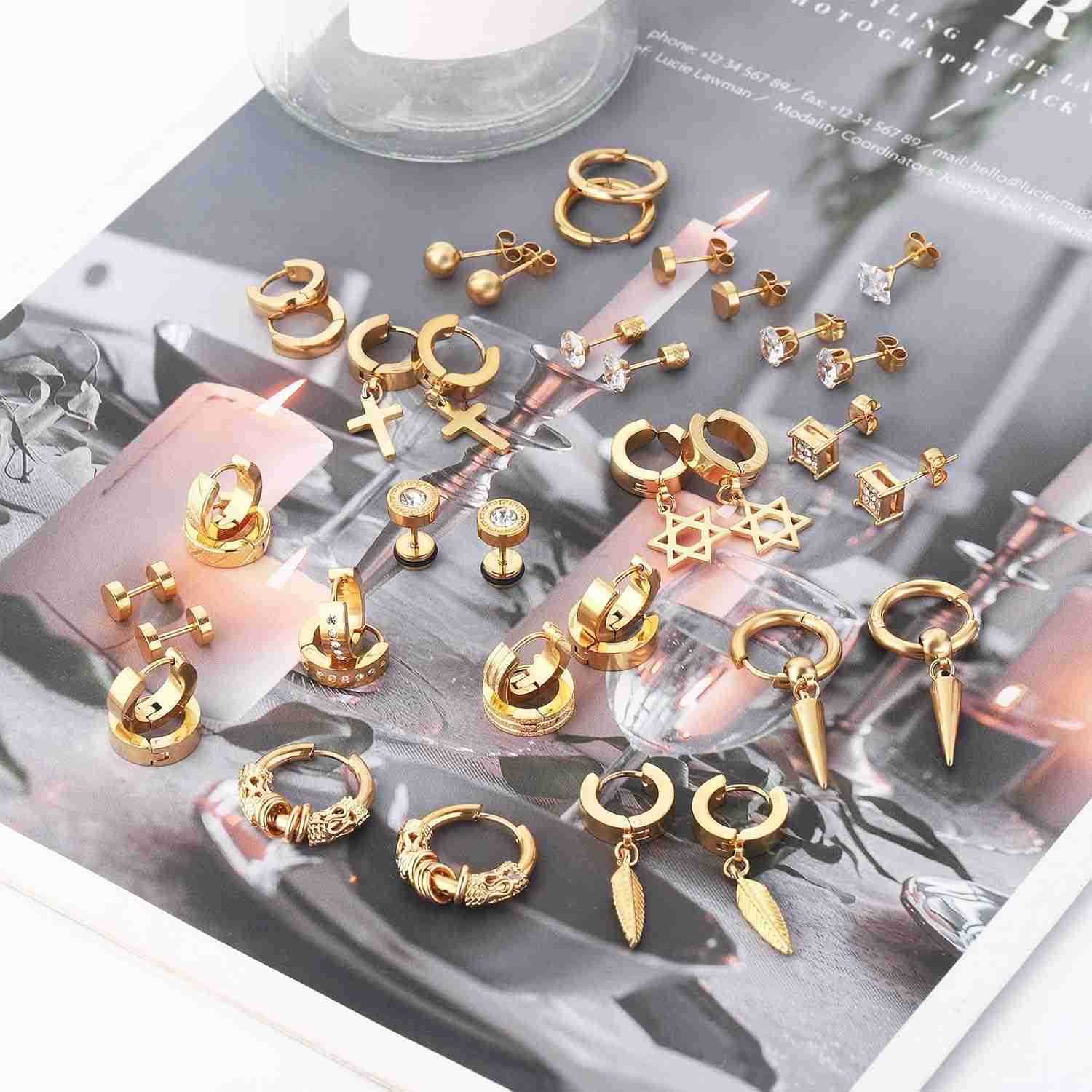 20 Pairs Stainless Steel Stud Earrings for Men Hypoallergenic Earring Unisex Punk Earring Hoop Hinged Dangle Cross Earrings for Men WomenW250909