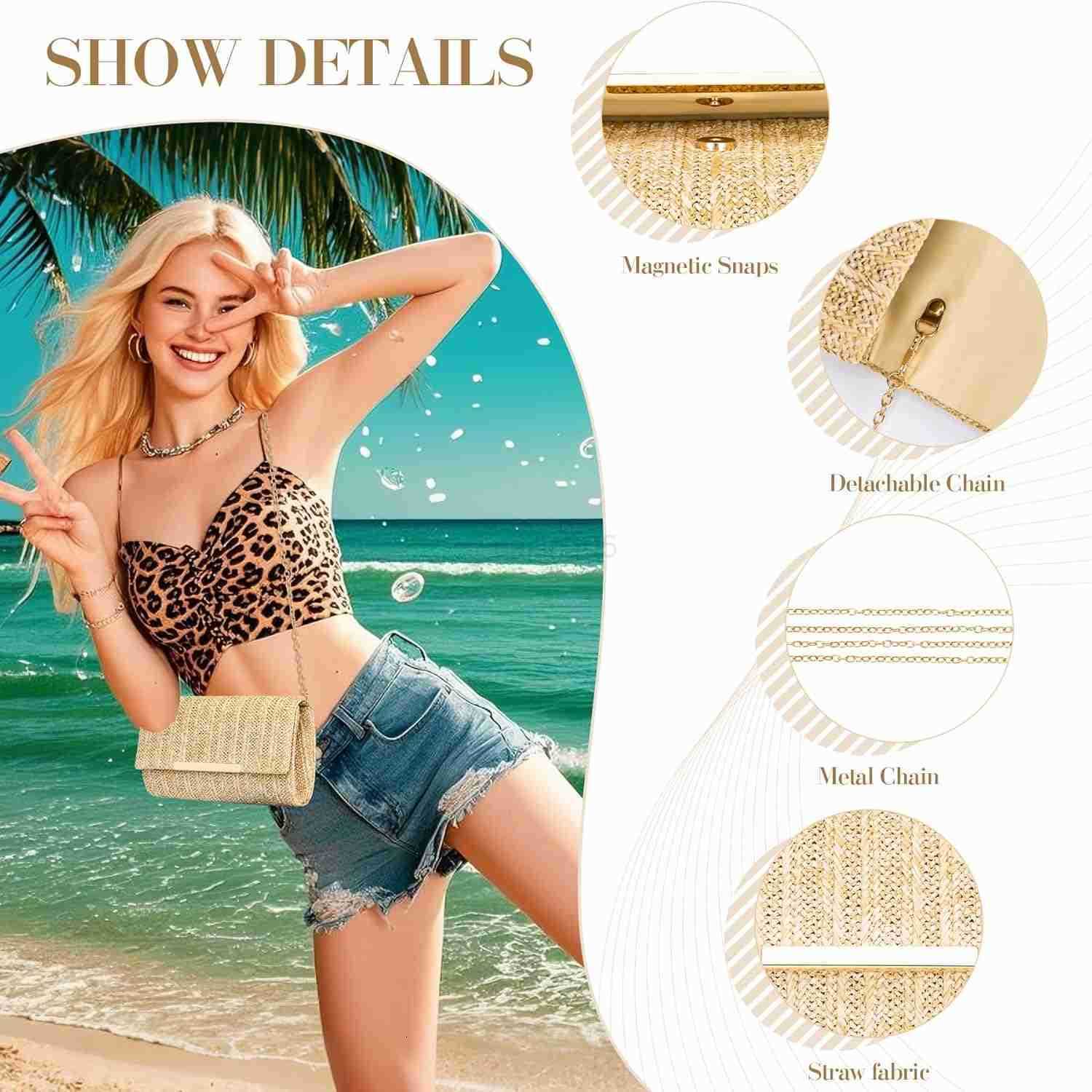 Straw Clutch Purse for Women Summer Woven Beach Evening Bags wChain Boho Envelope Party Bags Fashion Crossbody Shoulder Handbags for Wedding Prom Cock