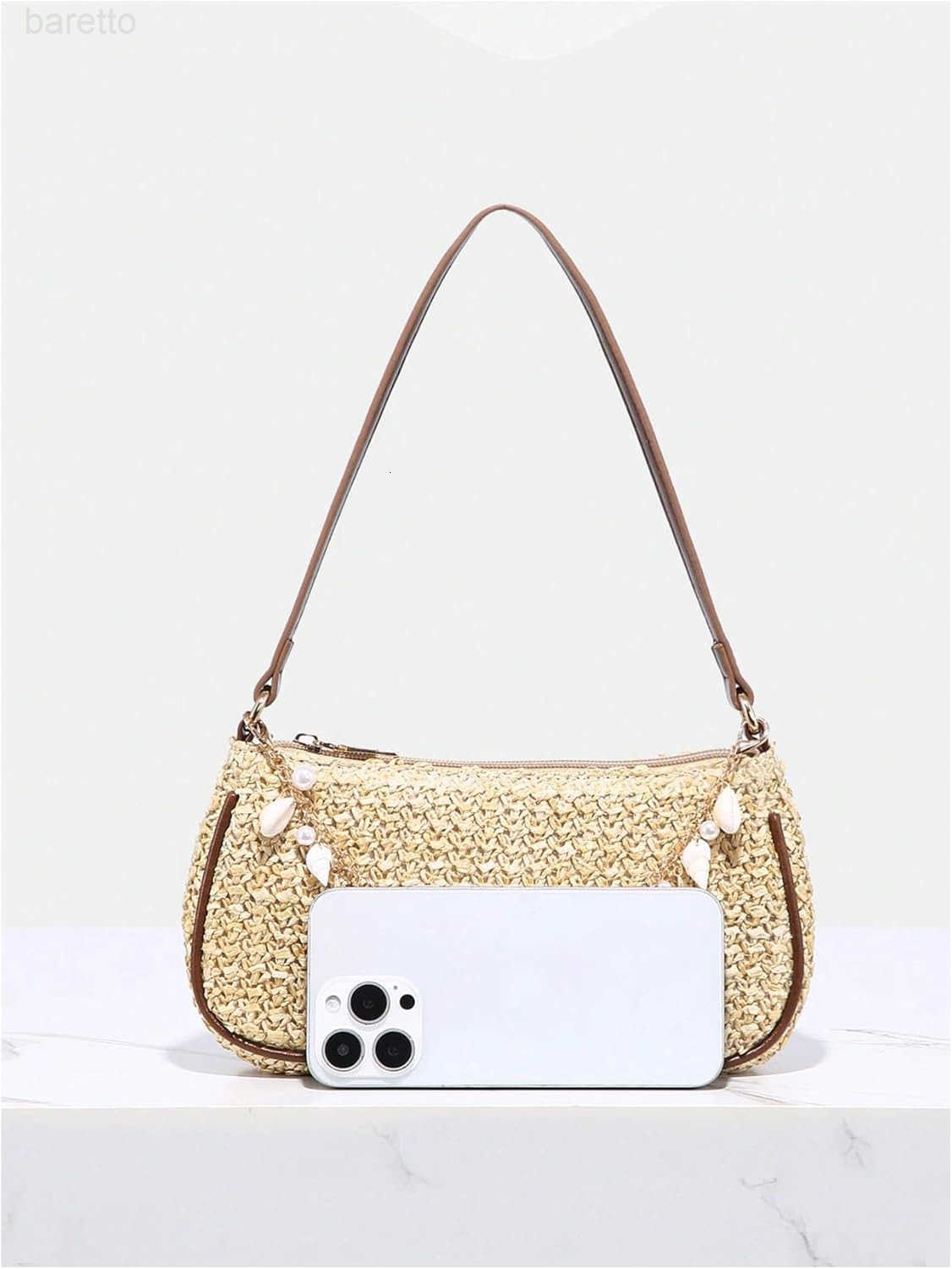 Womens Boho Seashell Pearl Beaded Straw Bags Zipper Single Strap Underarm Purses Z250909