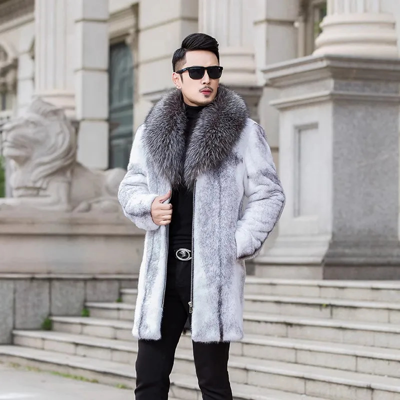 Mens midlength mink coat Fox fur Collar Jacket Mink fur casual zipper jacket 250908
