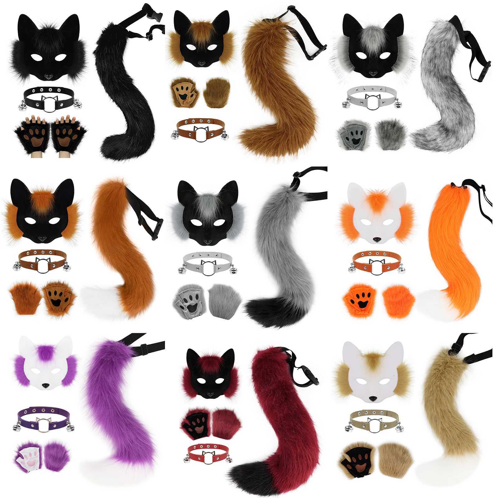 Faux Fur Half Face Mask Paw Gloves Wolf Fox Tail and Leather Necklace Set Costume for Halloween Cosplay Party H250908