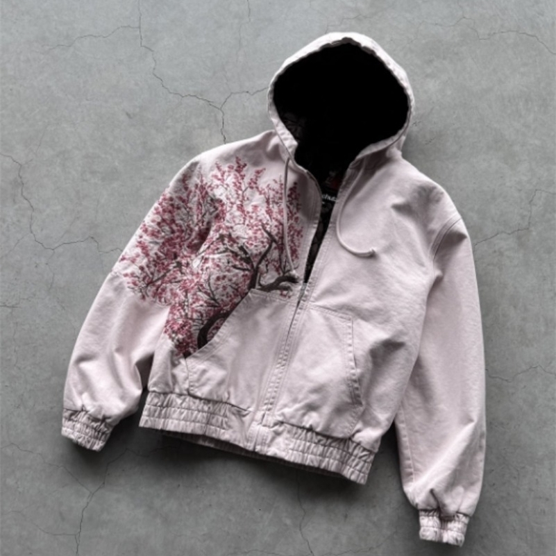 Harajuku Plum Tree Embroidered Oversized Pink Zipper Hoodies For Men and Women Y2K Gothic Fashion Retro Street Sweatshirts 250908