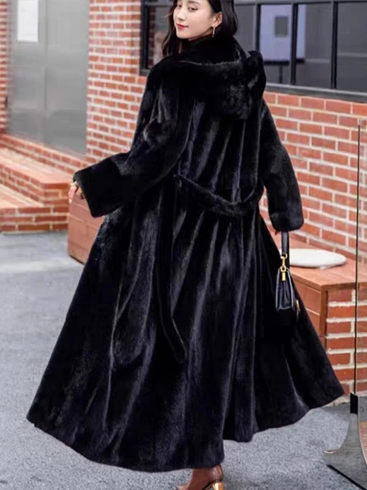 Faux Fur Hooded Coat With Belt Hat Women Mink Fur Extended Long Coats Warm Thicken Overcoat Slimming Fluffy Outwear Top 250908