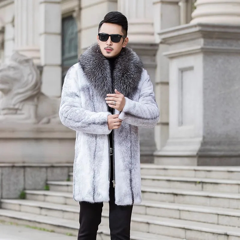 Mens midlength mink coat Fox fur Collar Jacket Mink fur casual zipper jacket 250908