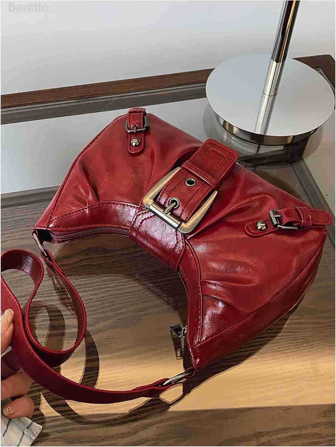 Womens PU Leather Ruched Shoulder Handbags Buckle Single Strap Punk Y2K Hobo Bags Z250909