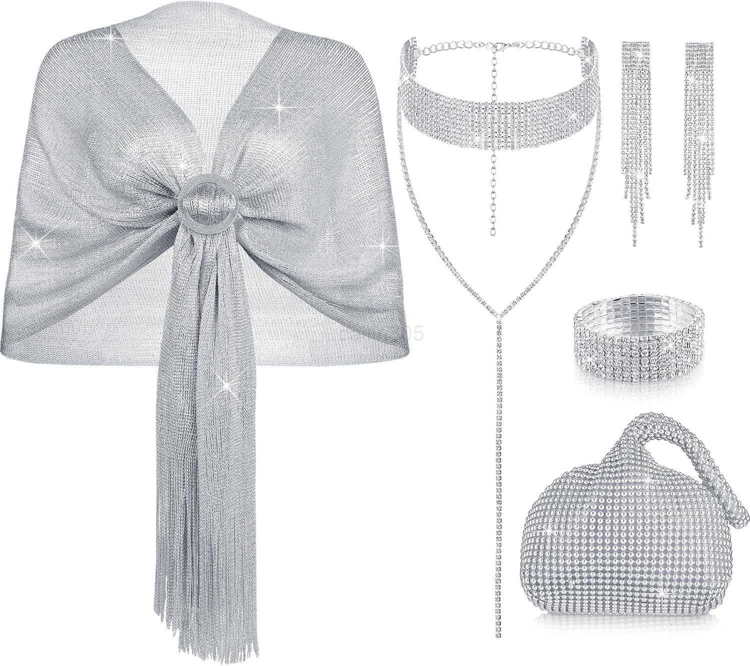 5 Pcs Women Accessories Including Shawls and Wraps Clutch Purse Rhinestone Jewelry Sets for Wedding Bridal Party Z25909