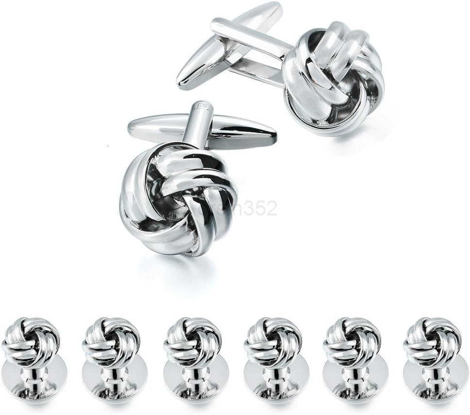 Knot Cufflinks and Shirt Studs for Men in Gold or Silver Tone Matching with White and Black Tuxedo Suitable for Wedding Day or Formal OccasionW250909
