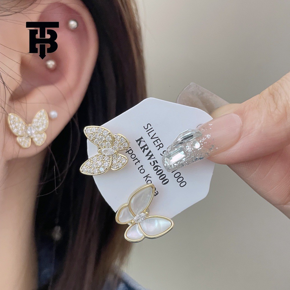 TB BHULAMTE Free Shipping New Designer Accessories Asymmetric Shell Butterfly Earrings Micro-inlaid Zircon Earrings Style Elegant Simple Versatile Ear