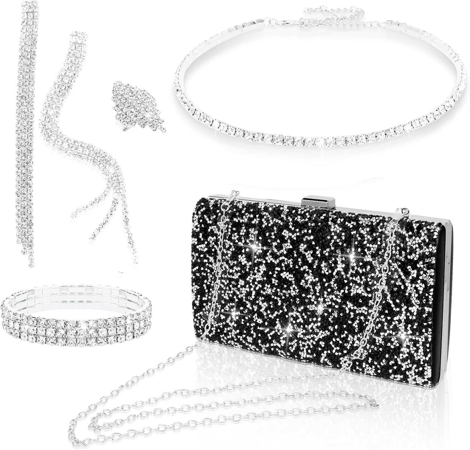 5pcsset Jewelry Purse Set For Women Handbags Clutch Rhinestone Diamond Necklaces Bracelets Earrings Ring Set Wedding Bridal Prom Homecoming Costume Je
