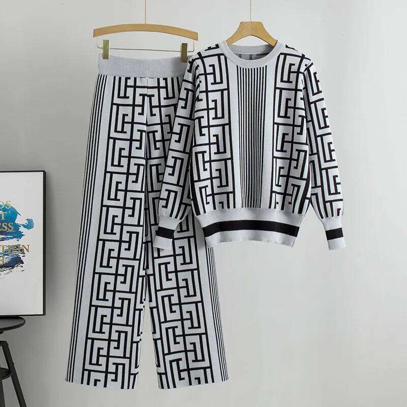 Knitting Two Piece Set Women Pullover Stripe Print Round Collar Sweater Wide Leg Pants Suit Loose Fit Casual Outifits Knit Sets