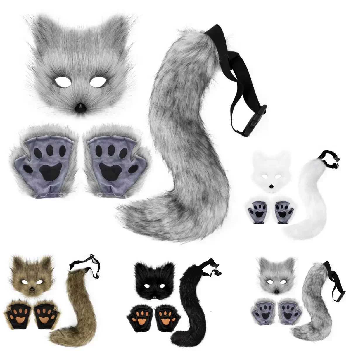 Fluffy Fur Fox Tail Cat Paws Gloves and Ears Headwear Face Mask Cosplay Costume Wolf Therian Mask Set Halloween Party Accessorie H250908