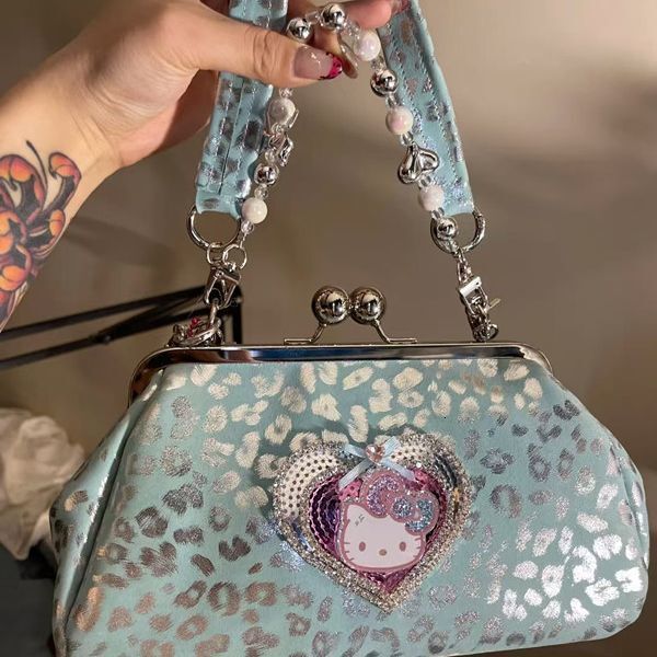 Buckle Unique Silver Blue Sparkling Women's Shoulder Bag Heart-shaped Leopard Print Chain Bag Handbag Autumn New Designer Bag