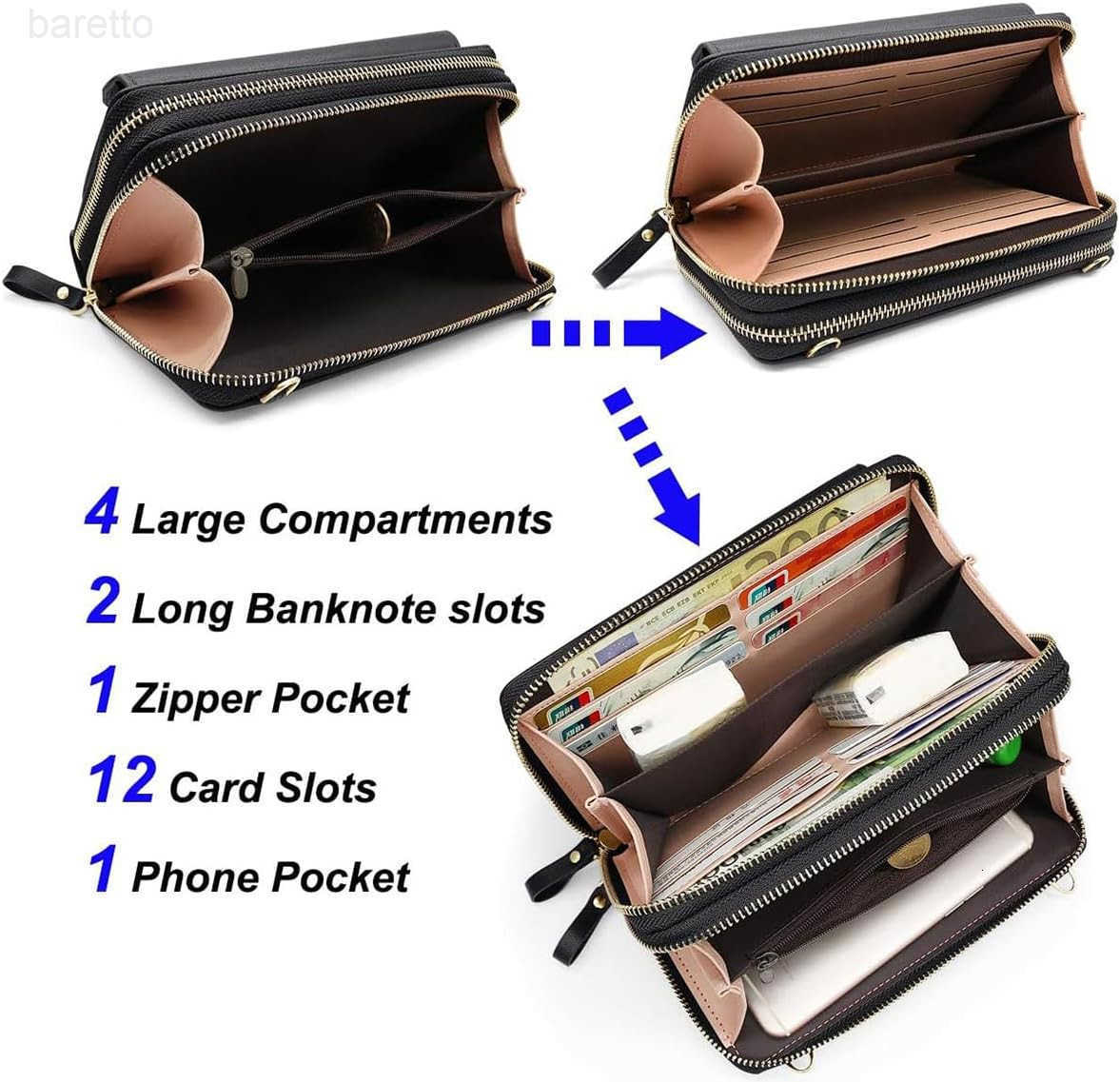 Leather Wallet Crossbody Shoulder Bag with Double Zipper and Mobile Phone Purse with Shoulder Strap Z250909