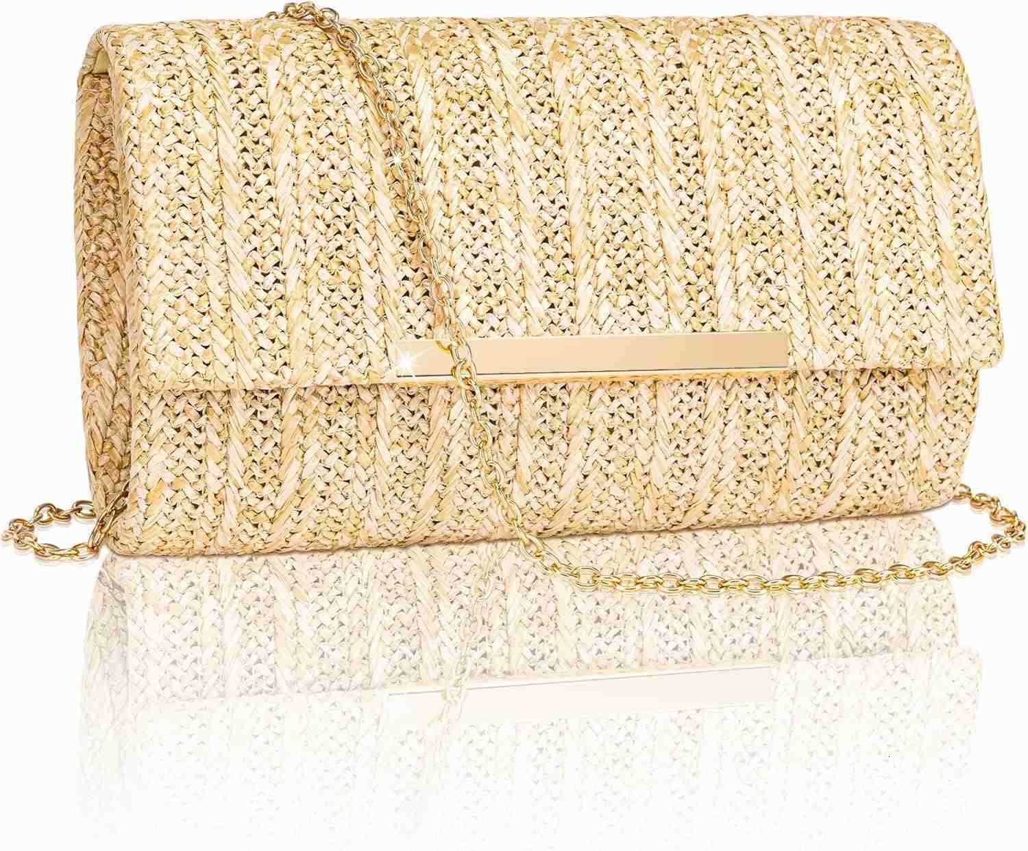 Straw Clutch Purse for Women Summer Woven Beach Evening Bags wChain Boho Envelope Party Bags Fashion Crossbody Shoulder Handbags for Wedding Prom Cock
