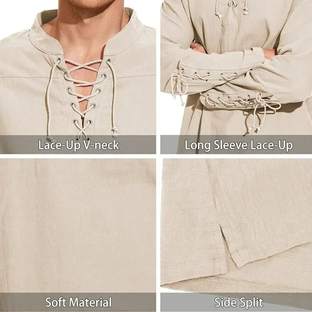Mens Long Sleeve Shirts Lace Up Vneck Cuff Medieval Pirate Dress Up Streetwear Halloween Gothic Punk Style Mens Clothing 250909