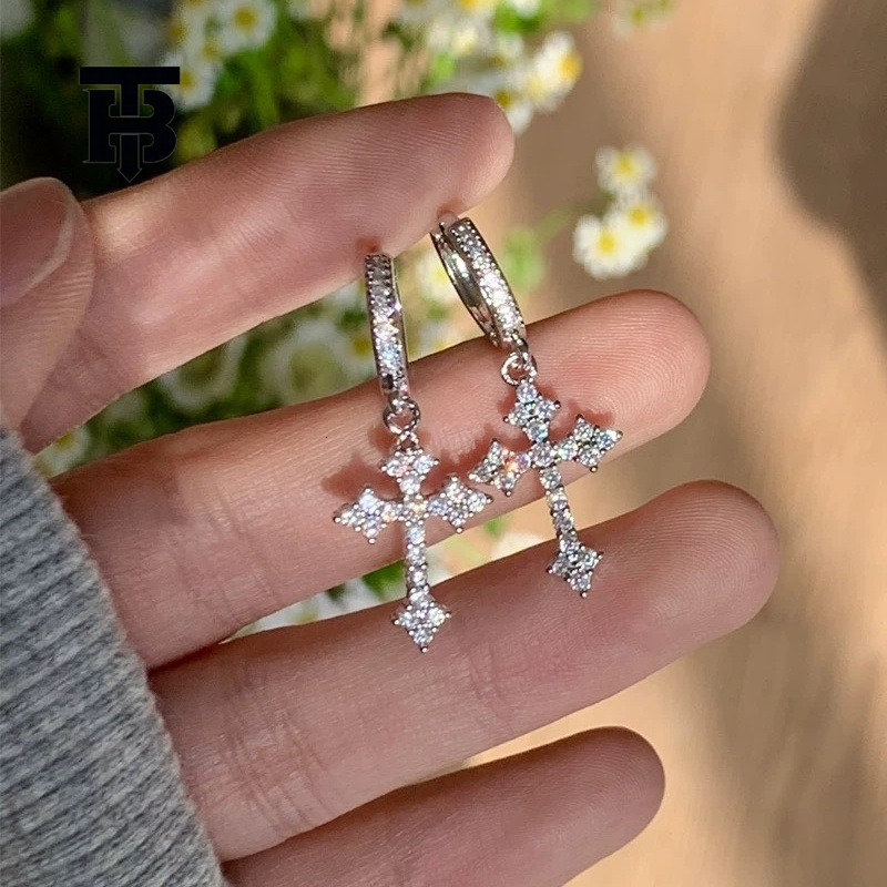 TB BHULAMTE Free Shipping New Designer Accessories Luxury Ultra Shiny Cross Earrings For Women Hot Style High-end Sense Hoop Diamond-studded Ear Jewel