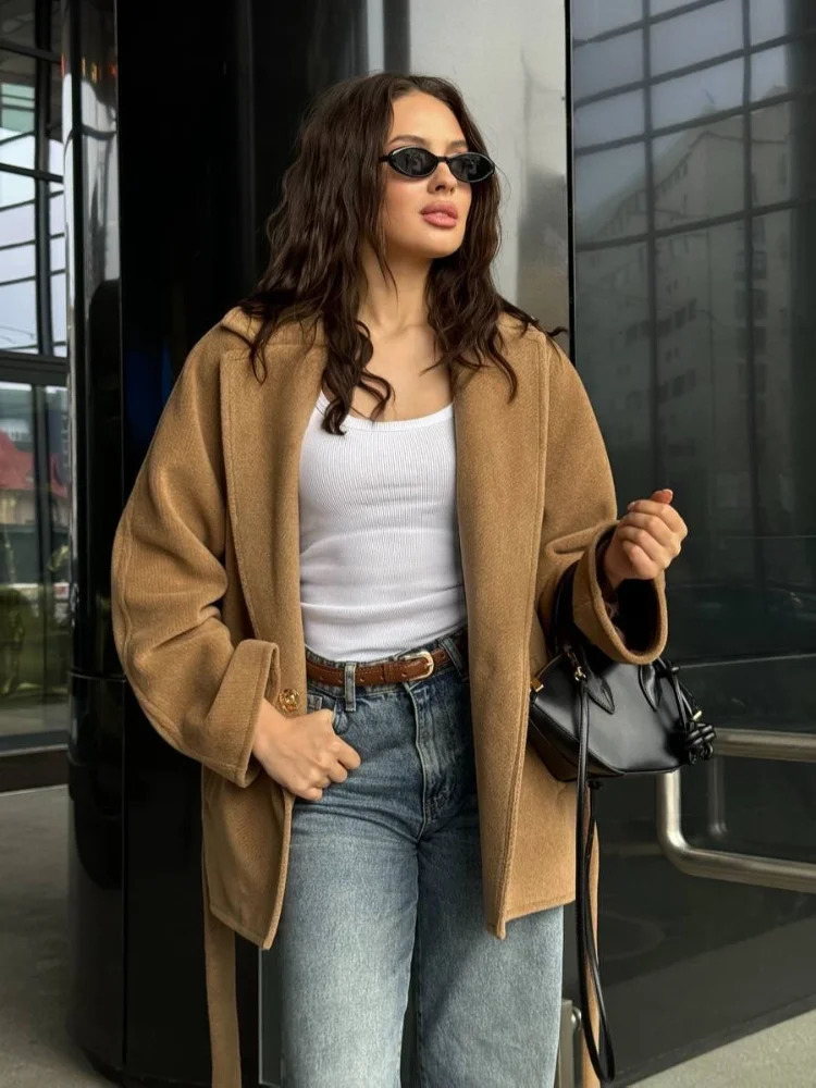 Lace Up Waist Cinching Trench Coat Woman Solid Color Lapel Long Sleeves Loose Casual Jackets Street Versatile Womens Jacket 250911