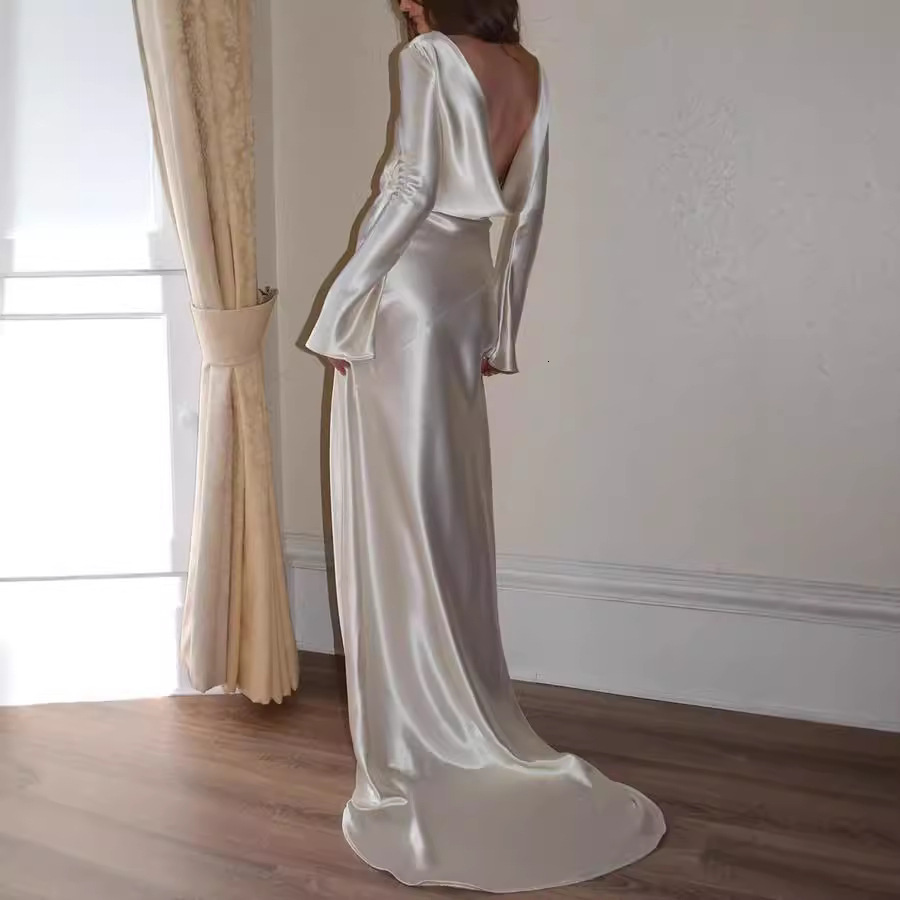 Womens Sexy Dress Slim Fit Backless Solid Color Round Neck Long Dress Mermaid 8086 240820