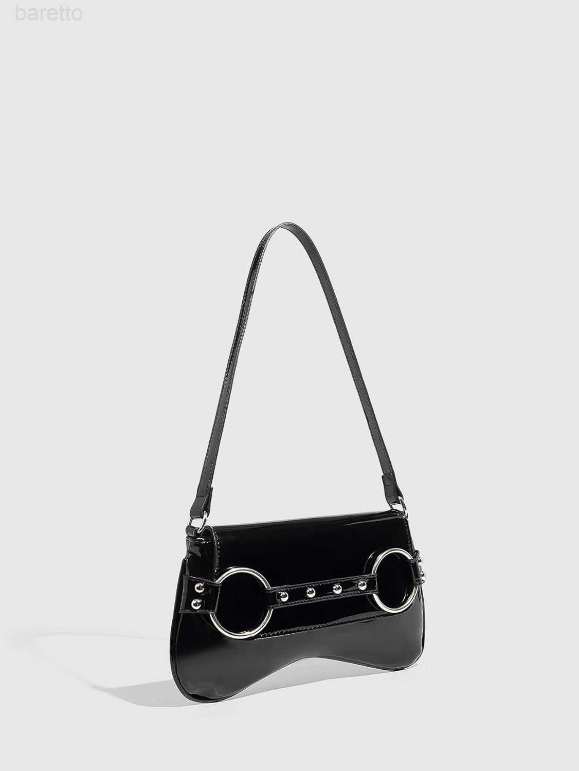 Womens Metal Studded Shoulder Handbag Flap Magnet Faux Leather Underarm Purse Z250909