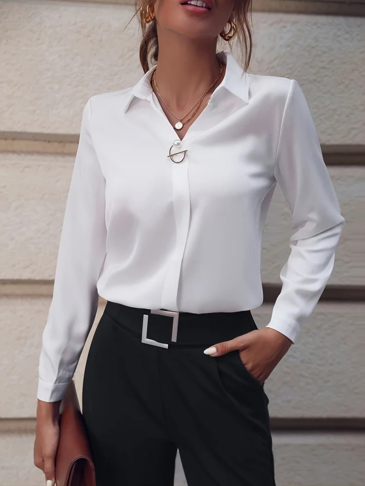 Women Spring Summer Style Blouses Shirts Lady Office OL Style Turndown Collar Long Sleeve Solid Color Blusas Tops DF5000 250909