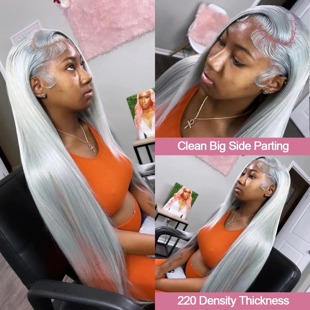 Silver Grey Straight Wigs Human Hair Vietnamese 220% Density 13x6 HD Lace Frontal Wig 360 Full Lace Wig Pre Plucked Hd 38 Pre Plucked with Baby Hair