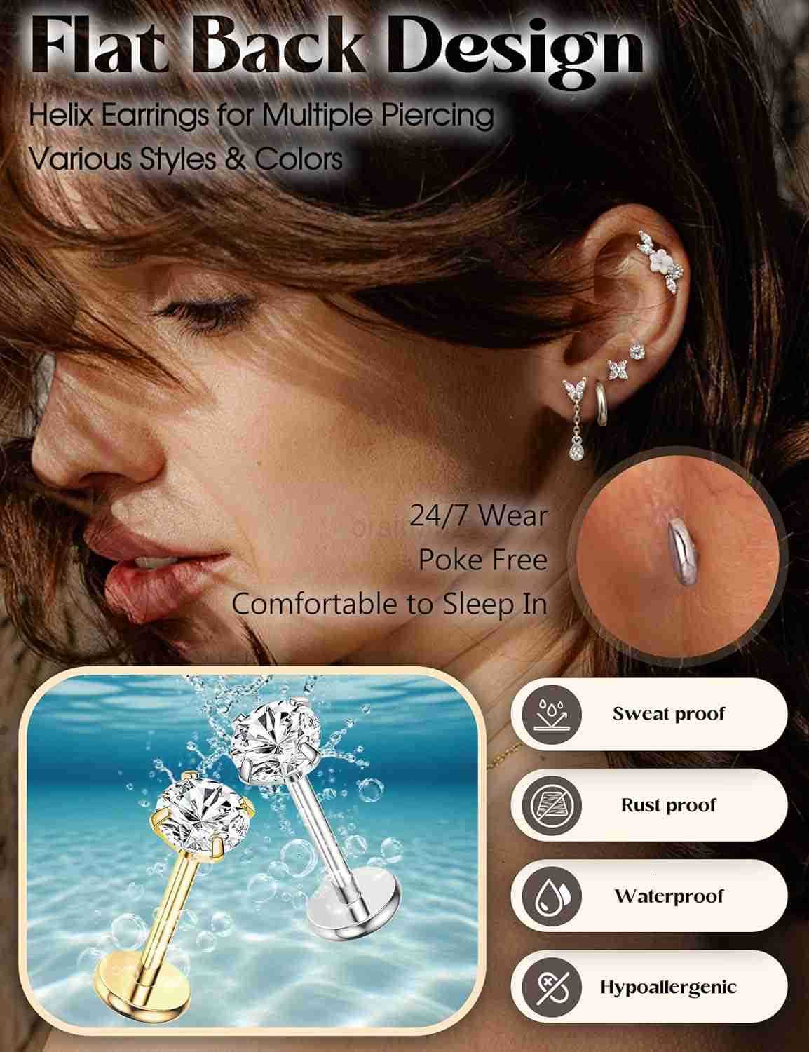 20G 18G Threadless Flat Back Earrings Hypoallergenic Push in Stud Earrings 14K Gold Plated 316L Surgical Steel Stud Hoop Earring Sets Cartilage Helix 