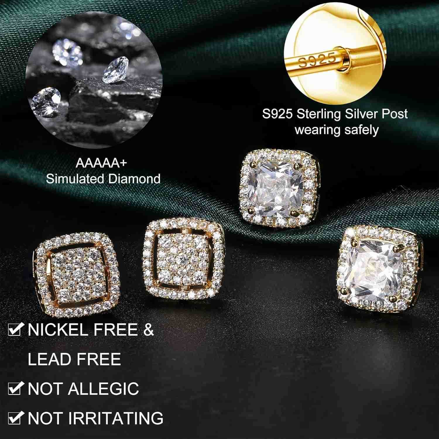 Cubic Zirconia Stud Earrings for Men Women 14K Gold Plated Hypoallergenic 925 Sterling Silver Post Earrings Set Iced Out Round Square CZ Studs Simulat