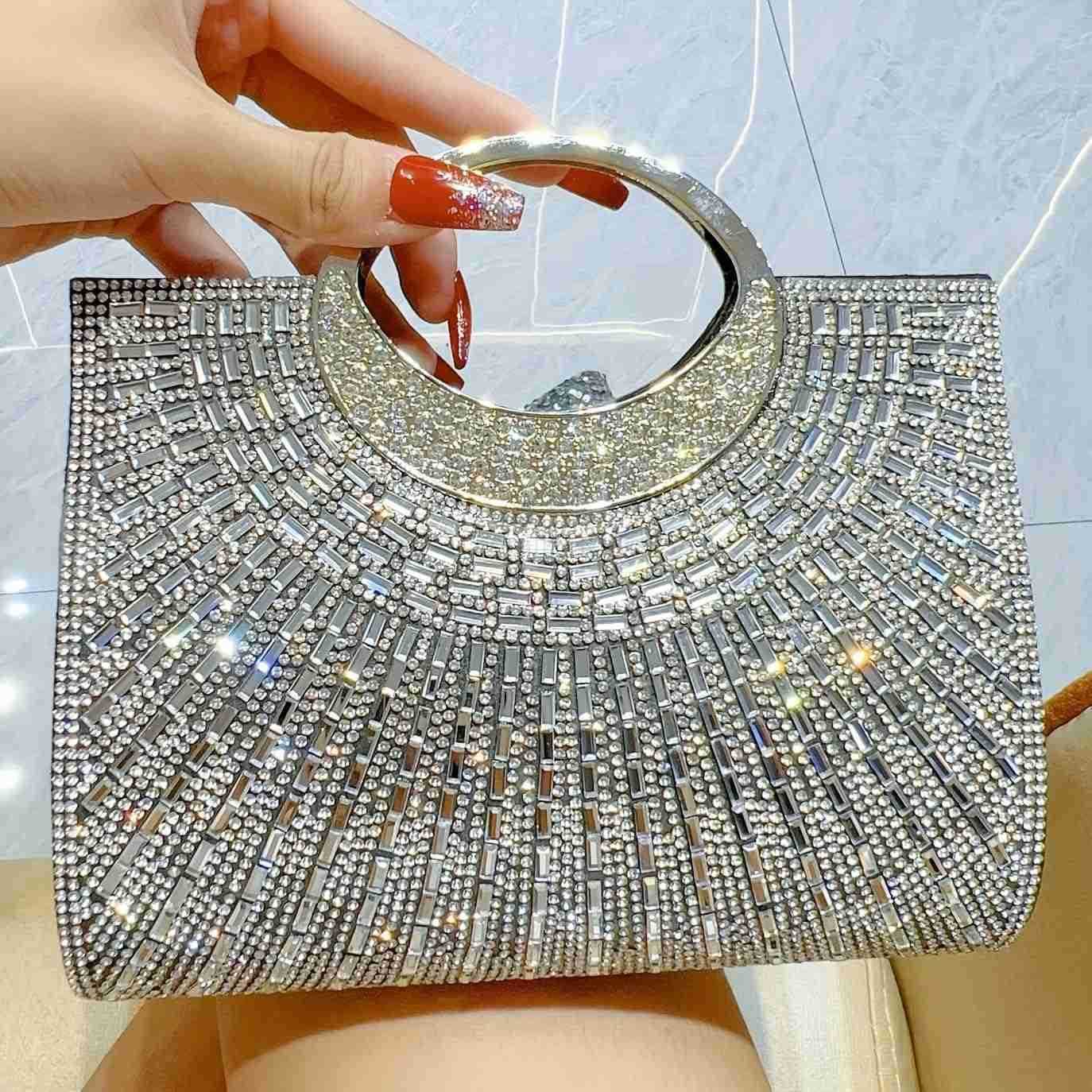 Crystal Silver Bling Rhinestone Sequin Clutch Purse Evening Bag for Women Wedding Formal Handbag with Round Handle Elegant Party Cocktail Glitter Occa