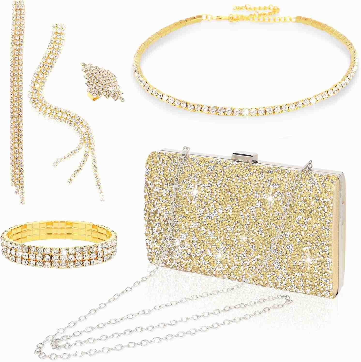 5pcsset Jewelry Purse Set For Women Handbags Clutch Rhinestone Diamond Necklaces Bracelets Earrings Ring Set Wedding Bridal Prom Homecoming Costume Je