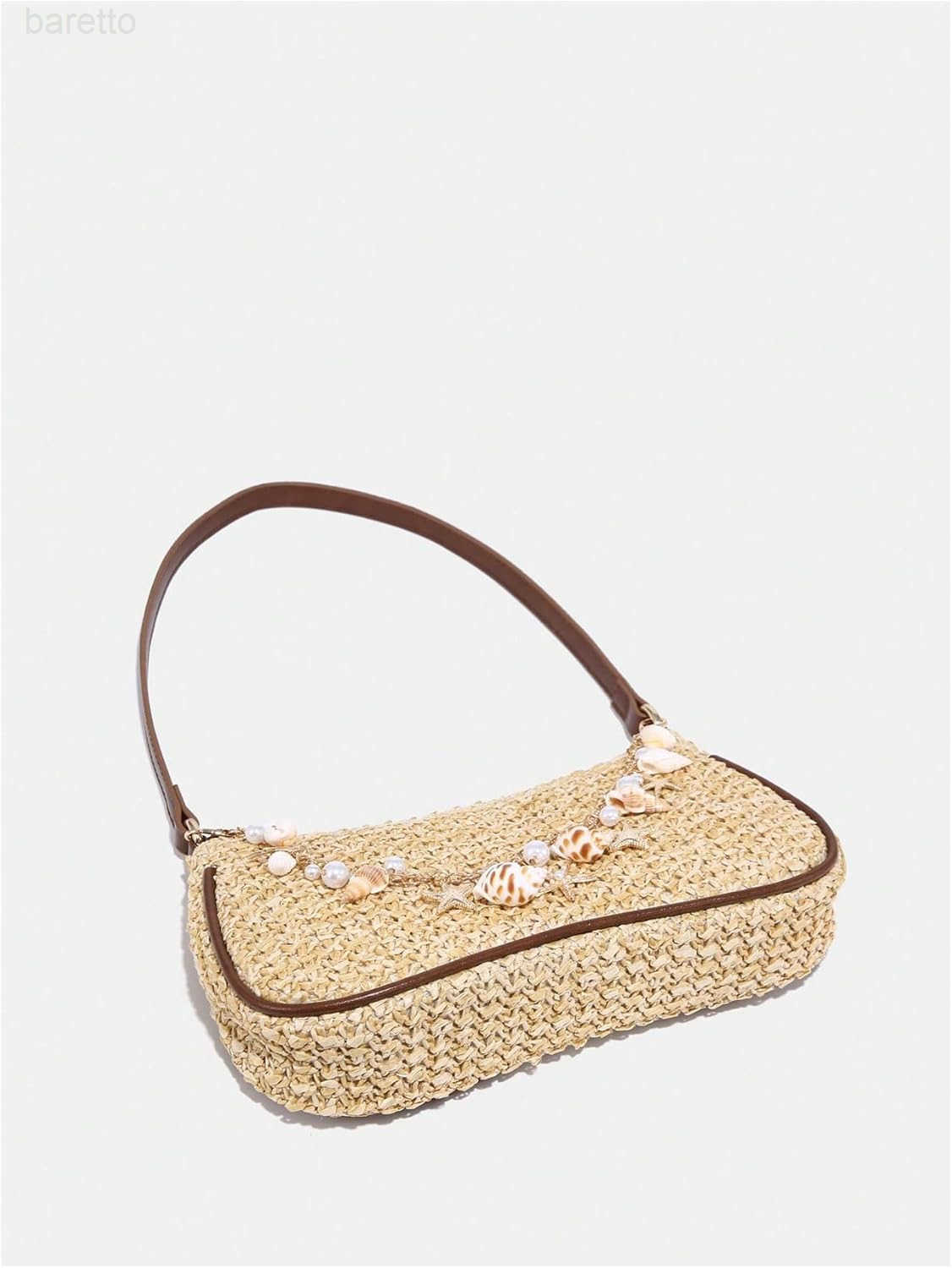 Womens Boho Seashell Pearl Beaded Straw Bags Zipper Single Strap Underarm Purses Z250909