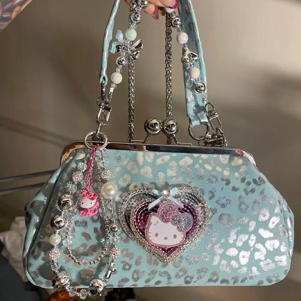 Buckle Unique Silver Blue Sparkling Women's Shoulder Bag Heart-shaped Leopard Print Chain Bag Handbag Autumn New Designer Bag