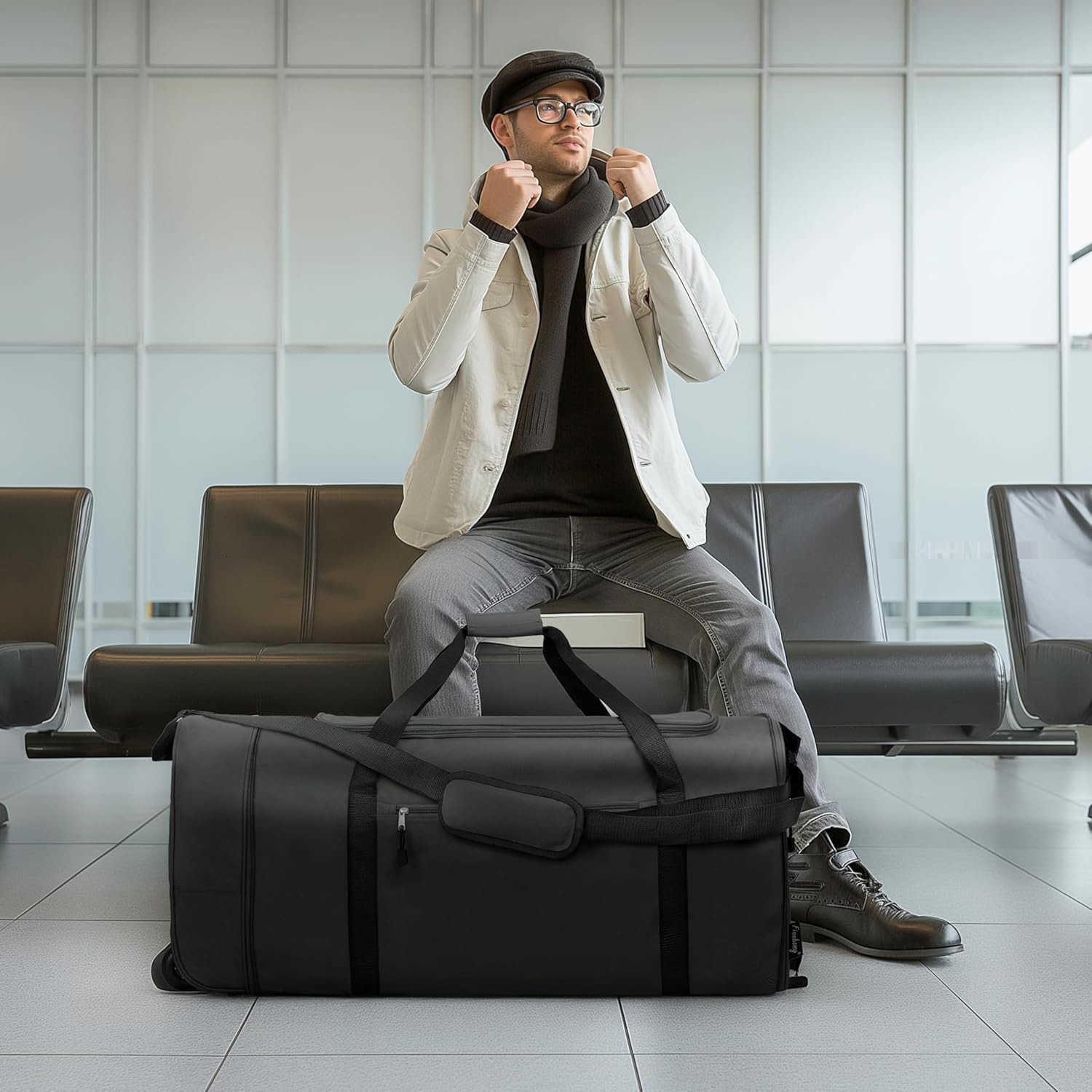 100L Foldable Rolling Duffel Bag with 2 Wheels Light Weight Travel Duffel bag with Large Loading Capacity 32 inch Rolling Duffel bag with Shoulder Str