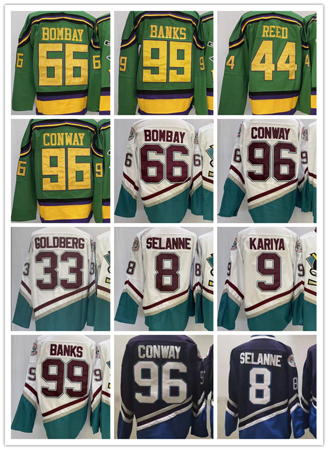 Hockey Jersey Vintage CCM The Mighty Ducks Of Anaheim Movie 96 Charlie Conway Hockey 8 Teemu Selanne 9 Paul Kariya 99 Banks 44 Reed 66 Bombay 33 Goldberg Classic Jerseys
