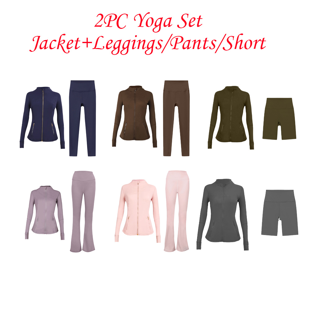 Seven Sizes 2 Pc Yoga Jacket and Leggings Shorts Flared Pants Set Workout Outfits Fitness Sportswear Gym Tracksuit